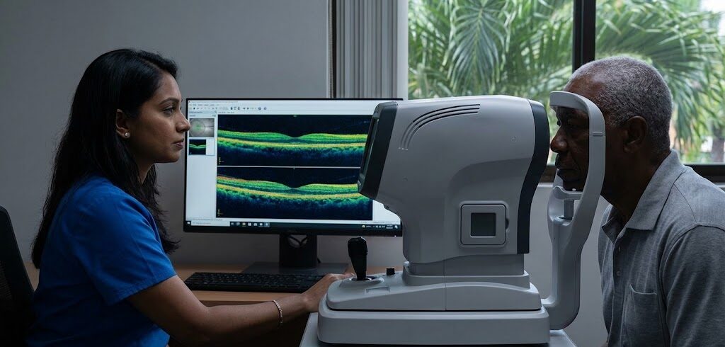 Patient undergoing an OCT eye exam