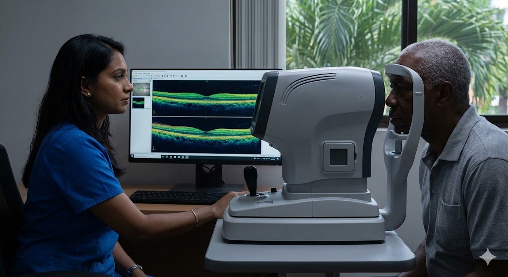 Patient undergoing an OCT eye exam