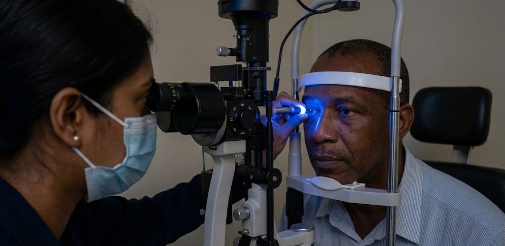 Man undergoing an exam for ocular hypertension