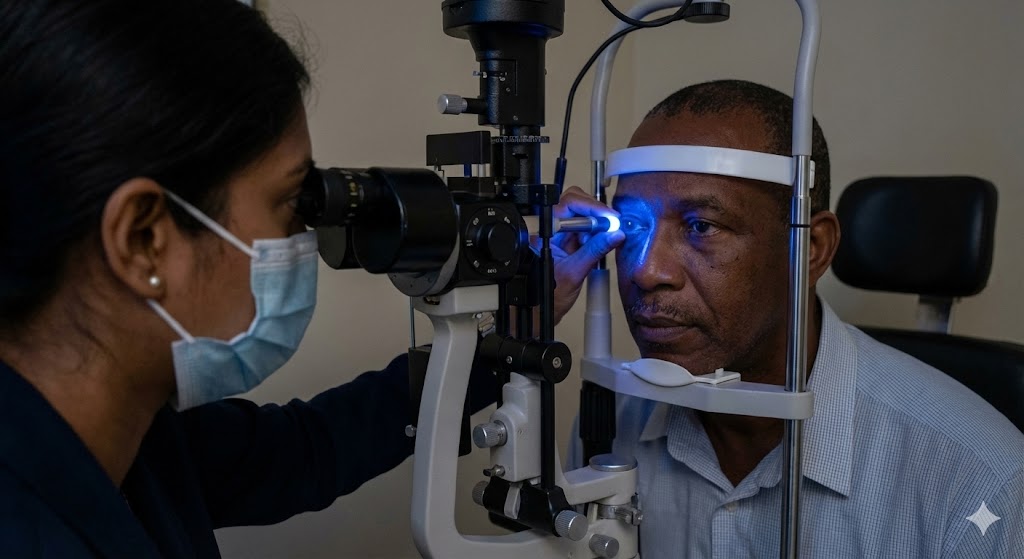 Man undergoing an exam for ocular hypertension