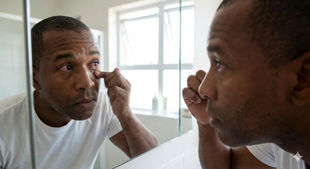 Man realizing his eyes are red