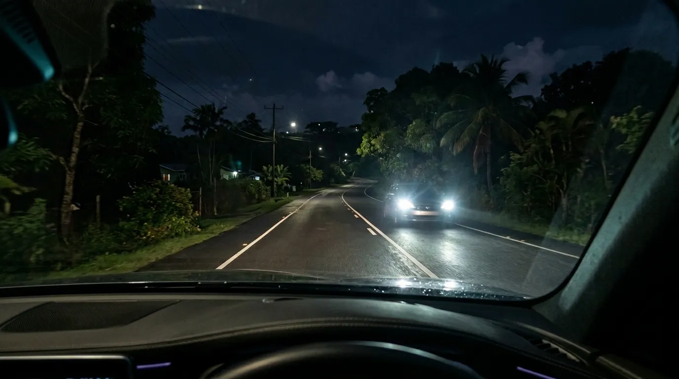 Night driving scene with headlights and road lighting